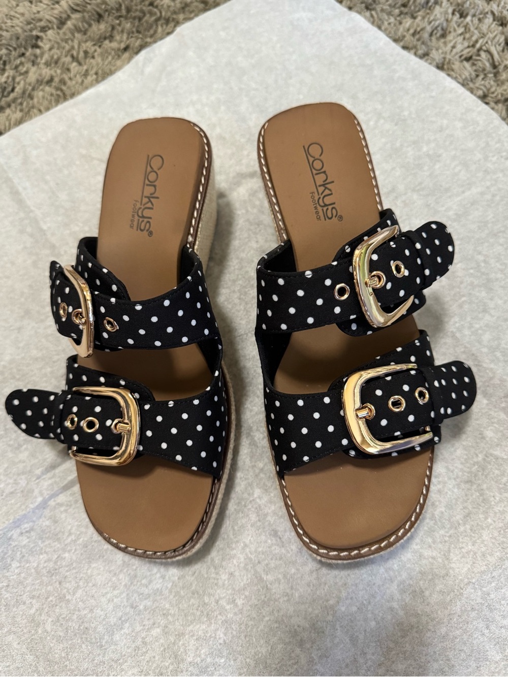 Corkys Footwear Manifest Polka Dot Wedge Sandals | Size 8